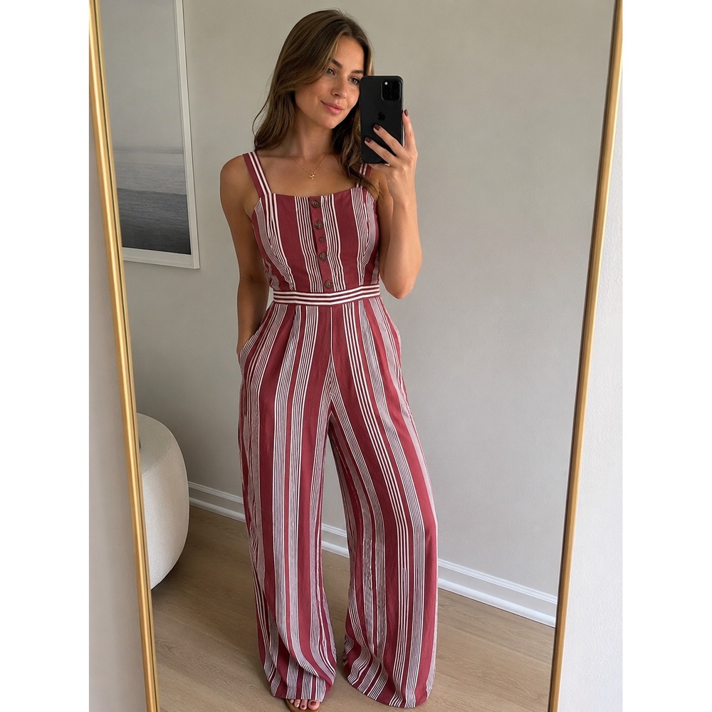 Abercrombie & Fitch Red White Striped Wide Leg Jumpsuit XS Smocked Button Front
